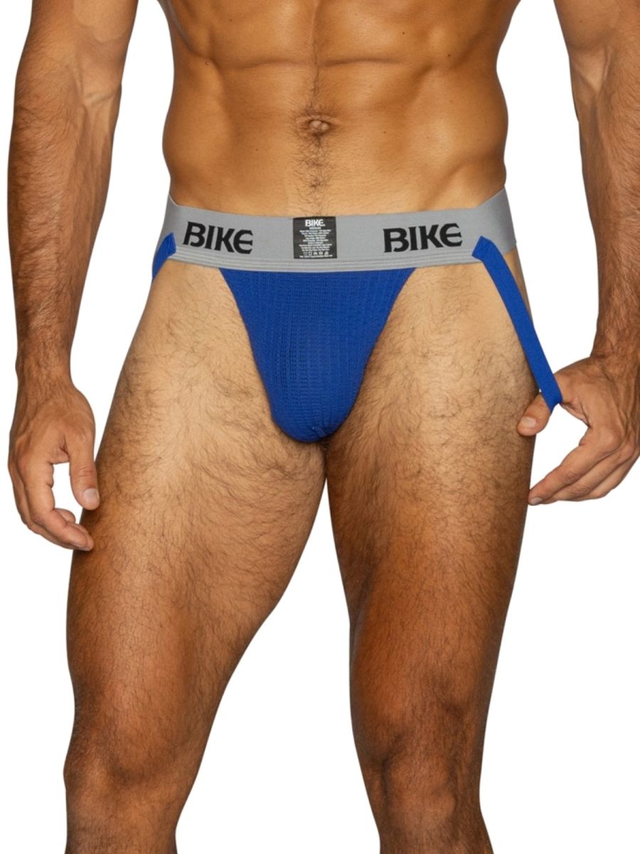 Royal blue BIKE athletic jockstrap with gray waistband and visible brand logo.