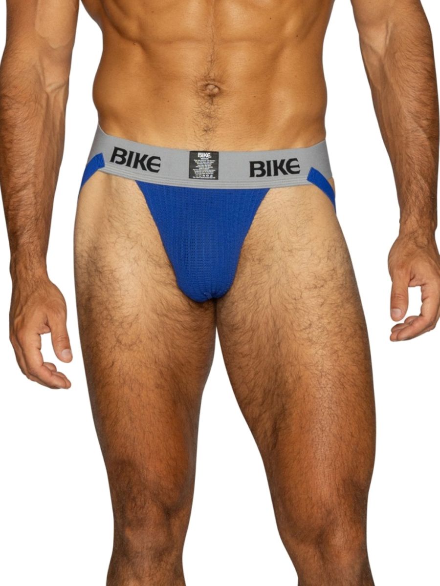 Royal blue BIKE men's classic jockstrap with grey waistband.
