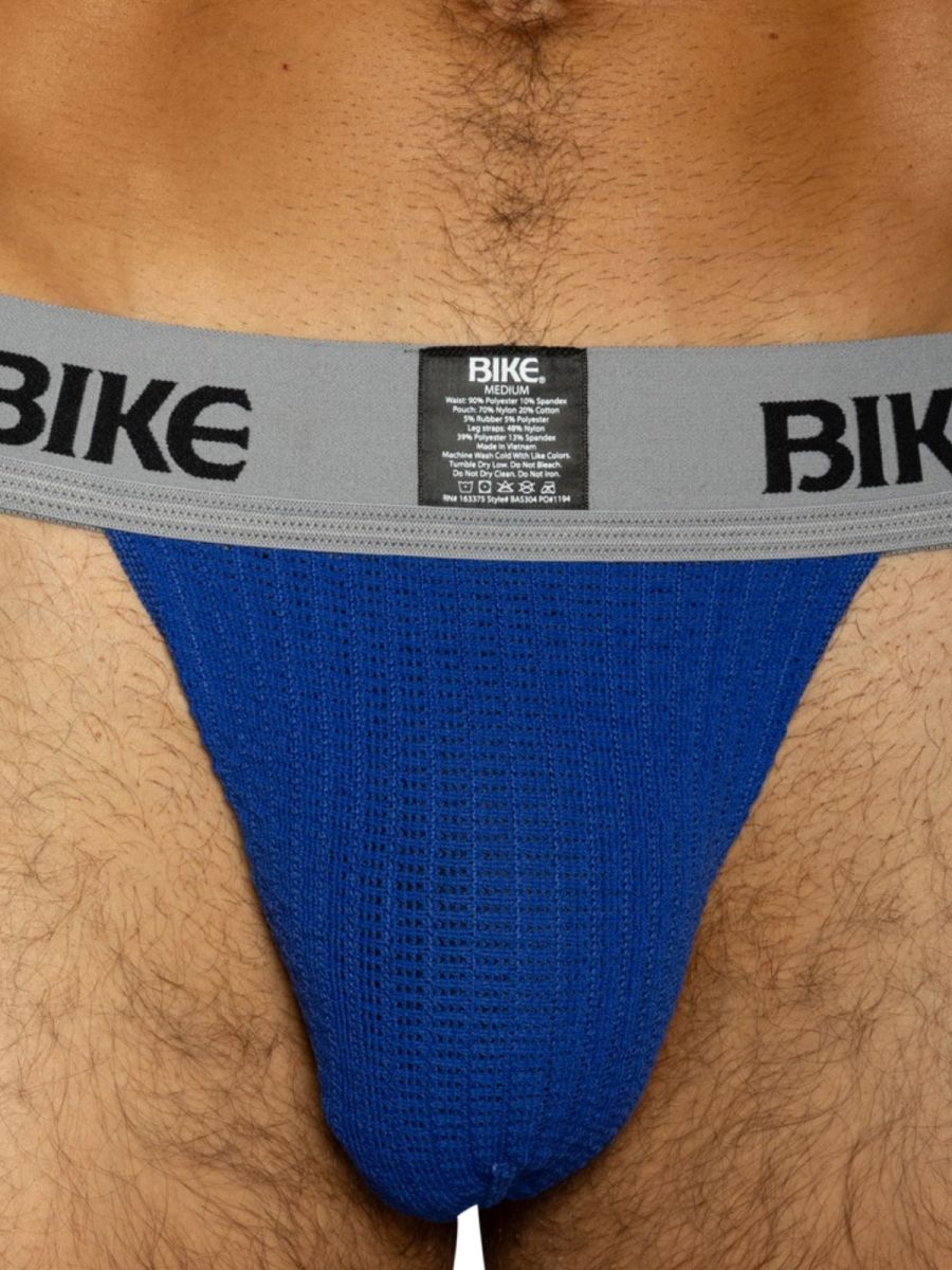 BIKE Men's Royal Blue Jockstrap, waffle knit pouch, grey waistband.