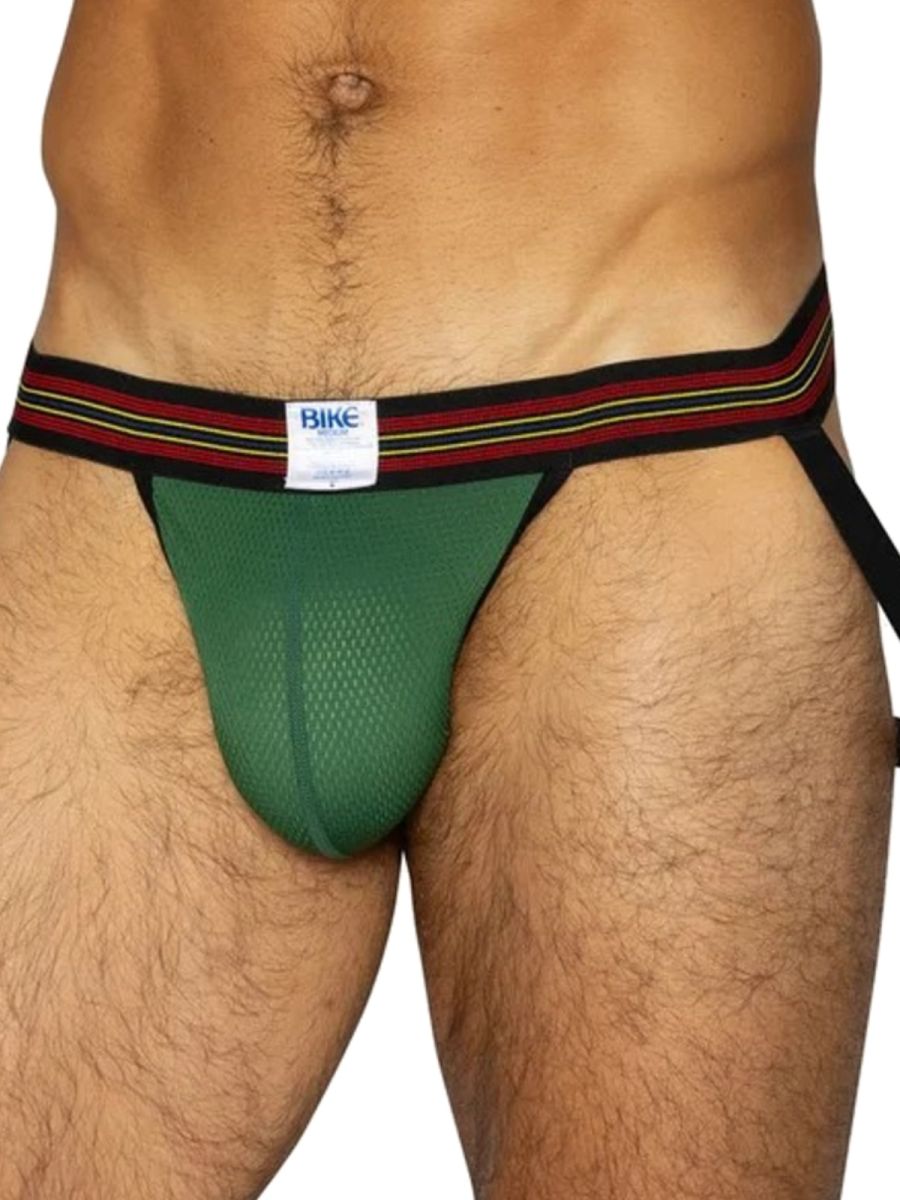 Green BIKE athletic performance mesh jockstrap for men.