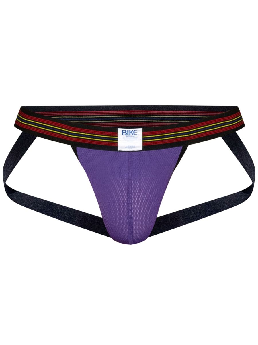 Purple BIKE athletic performance mesh jockstrap with striped waistband.