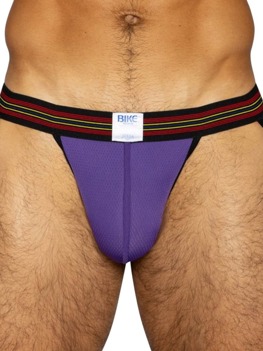 Purple BIKE performance mesh jockstrap with a striped waistband.