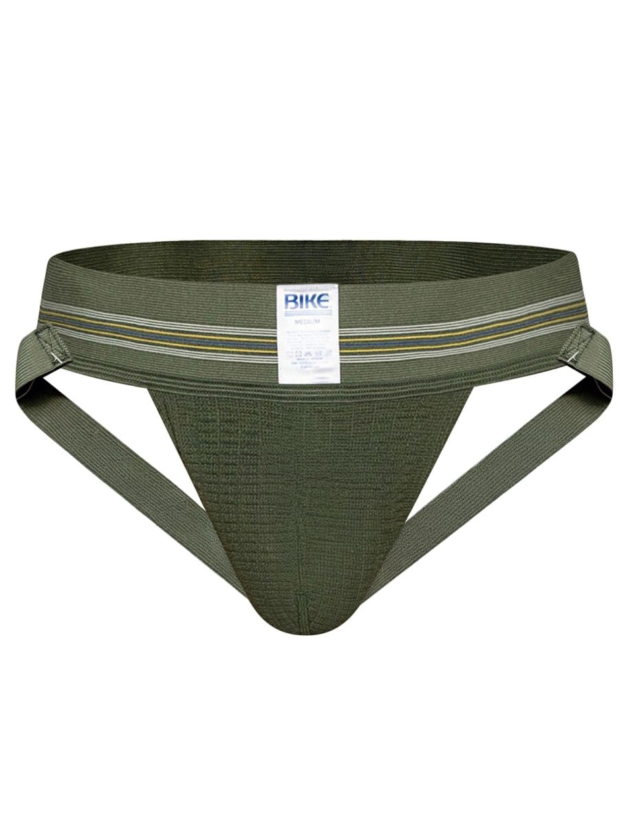 Olive green BIKE athletic jockstrap with a branded waistband and supportive pouch.