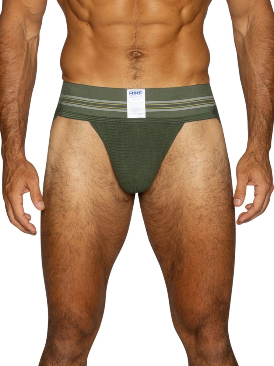 Olive green BIKE athletic jockstrap for men with ribbed front pouch and striped waistband.