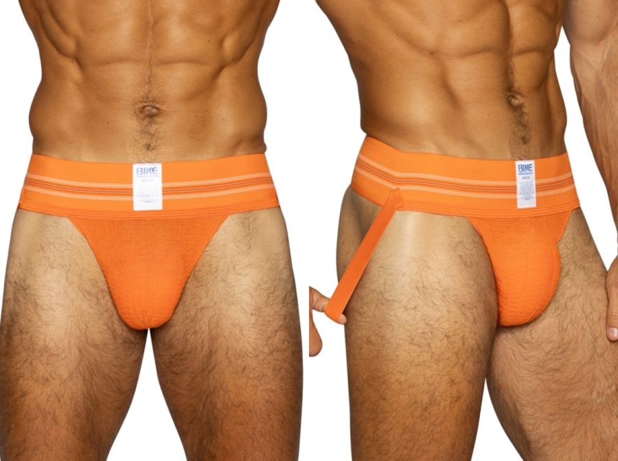 Orange BIKE athletic jockstrap with a wide elastic waistband and supportive pouch.