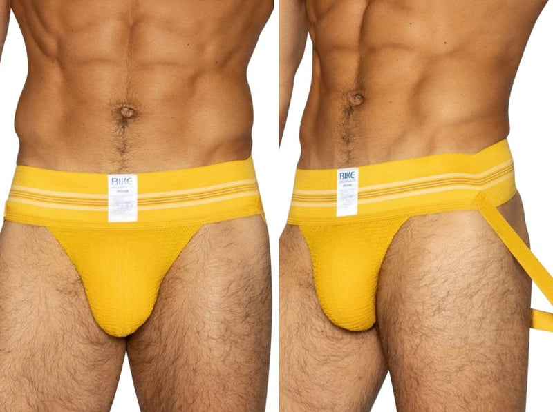 Bright yellow BIKE athletic briefs with white stripes and branded tag designed for sports and active wear