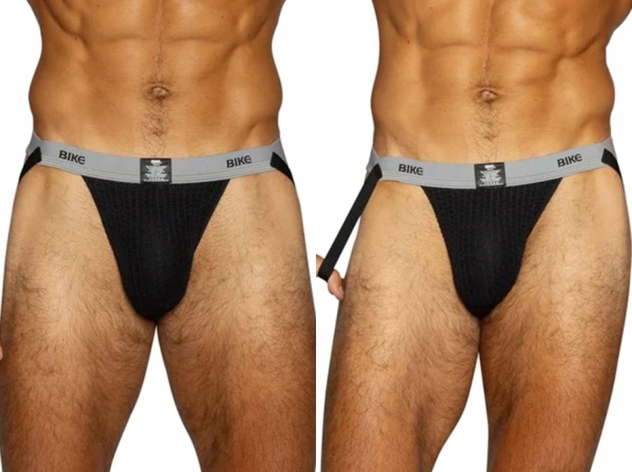 Black BIKE athletic jockstrap for men, showing front and side views with elastic waistband.