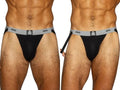 Black BIKE athletic jockstrap for men, showing front and side views with elastic waistband.