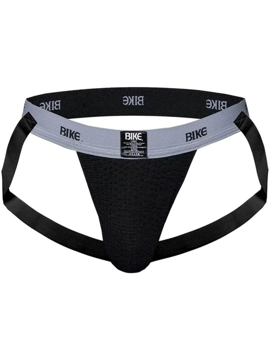 Black BIKE athletic jockstrap with a grey waistband and black leg straps.