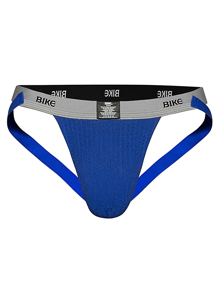 Royal blue BIKE men's athletic jockstrap with gray and black waistband.