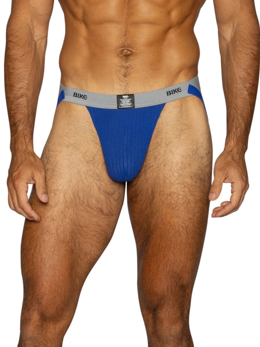 Royal blue BIKE Athletic men's jockstrap with grey waistband.