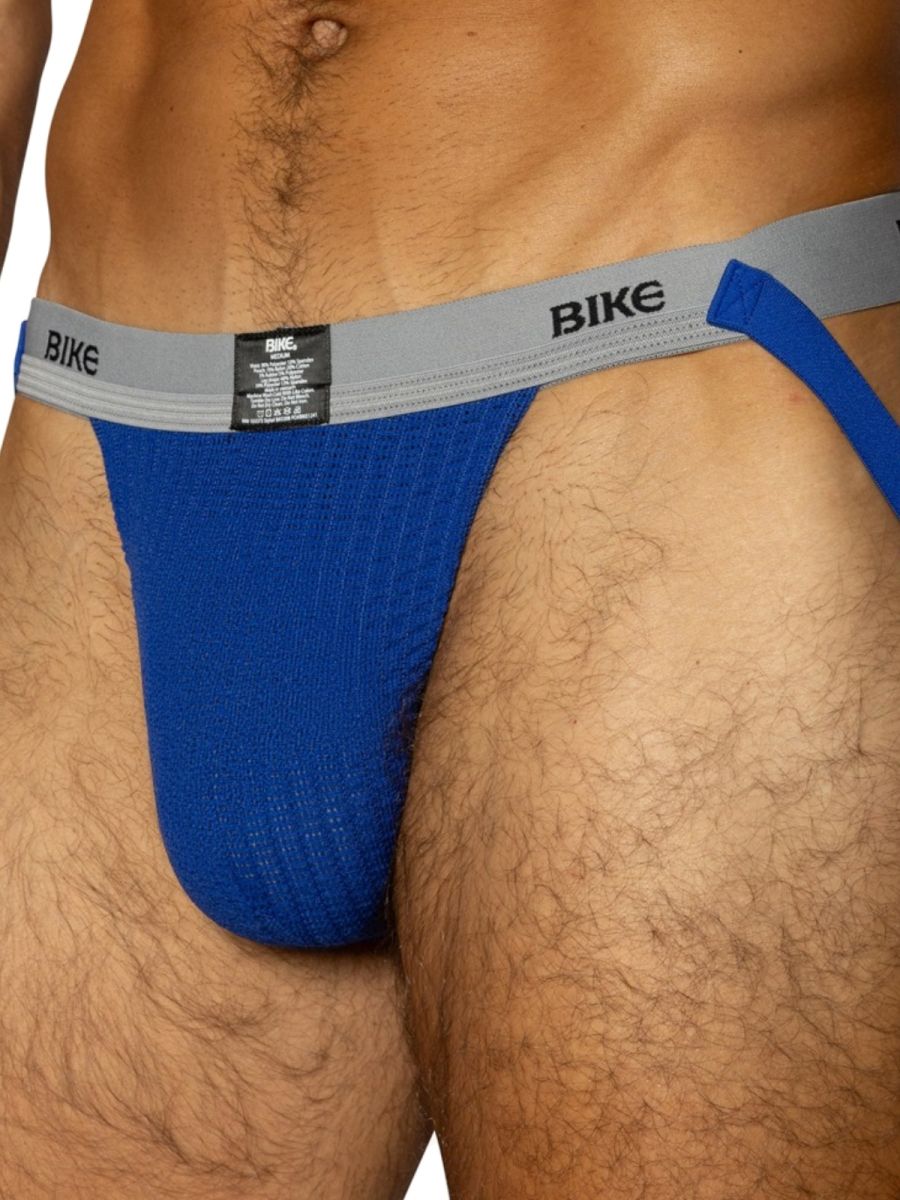 Royal blue BIKE men's athletic jockstrap with a grey waistband and leg straps.