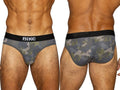 Men's BIKE camo print cotton stretch briefs, front and back view.