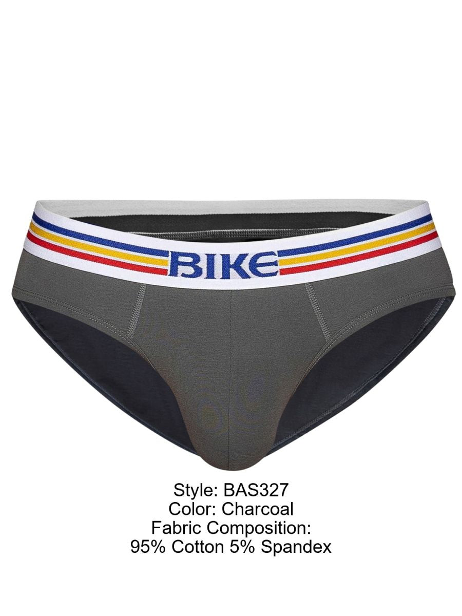 Charcoal BIKE men's stretch cotton brief underwear with a striped waistband.
