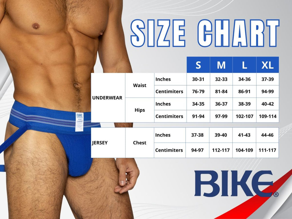 BIKE Men's royal blue athletic jockstrap with size chart.