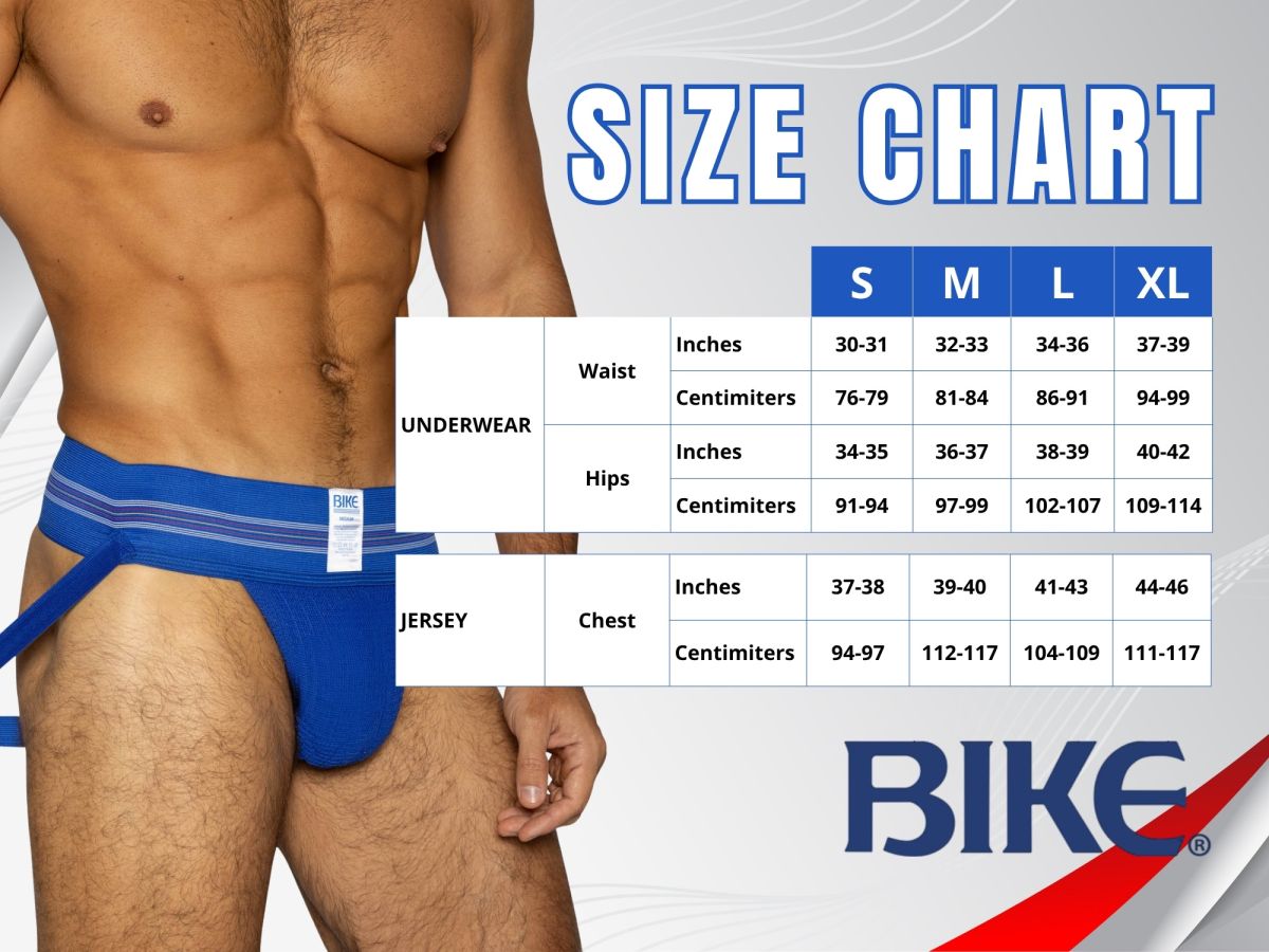 BIKE Men's royal blue athletic jockstrap with size chart.
