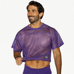 A man wearing a purple BIKE mesh athletic practice jersey with short sleeves and a crew neck.