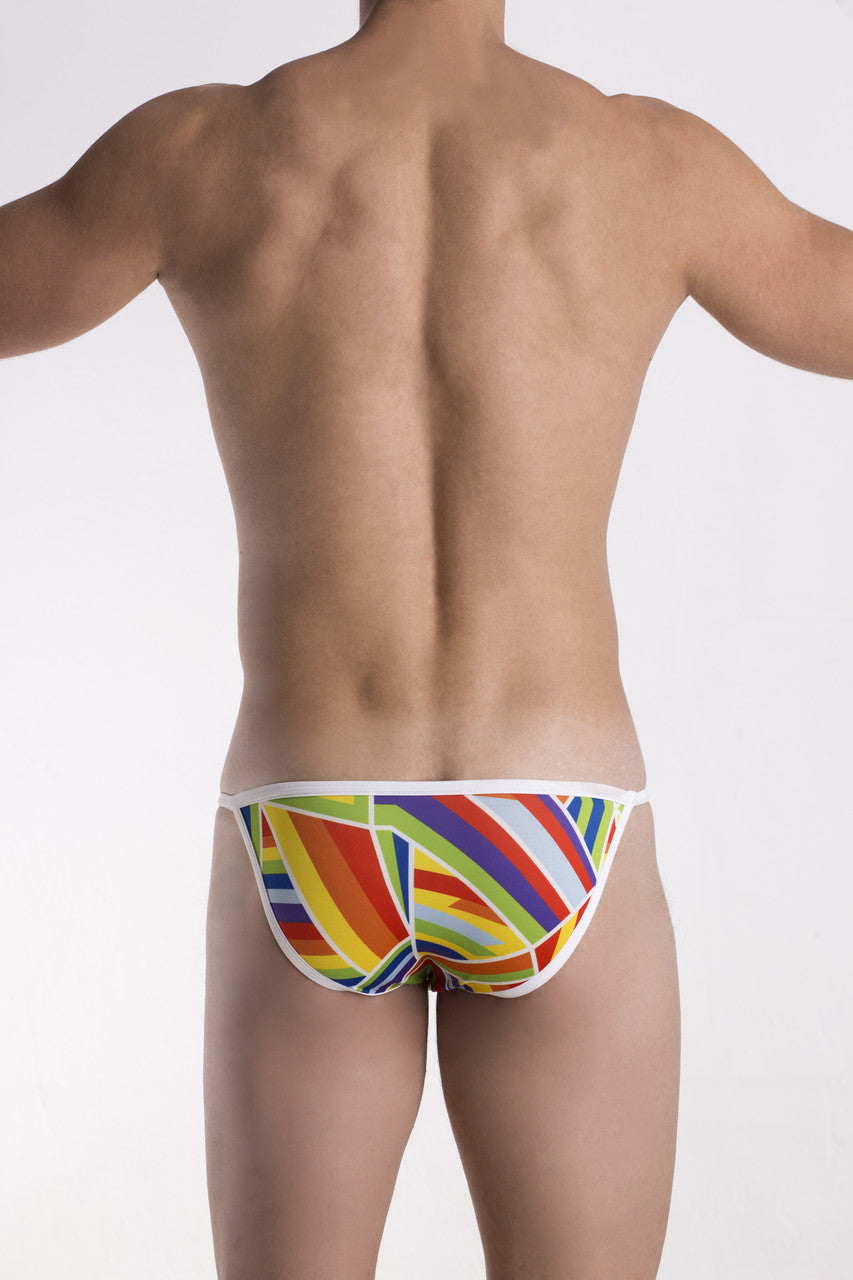 Groovin underwear prism string bikini bkP1701 vibrant rainbow-striped briefs with white trim in front view