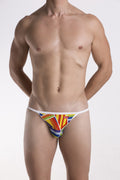 Groovin underwear prism string bikini bkP1701 vibrant geometric rainbow thong with white waistband front view