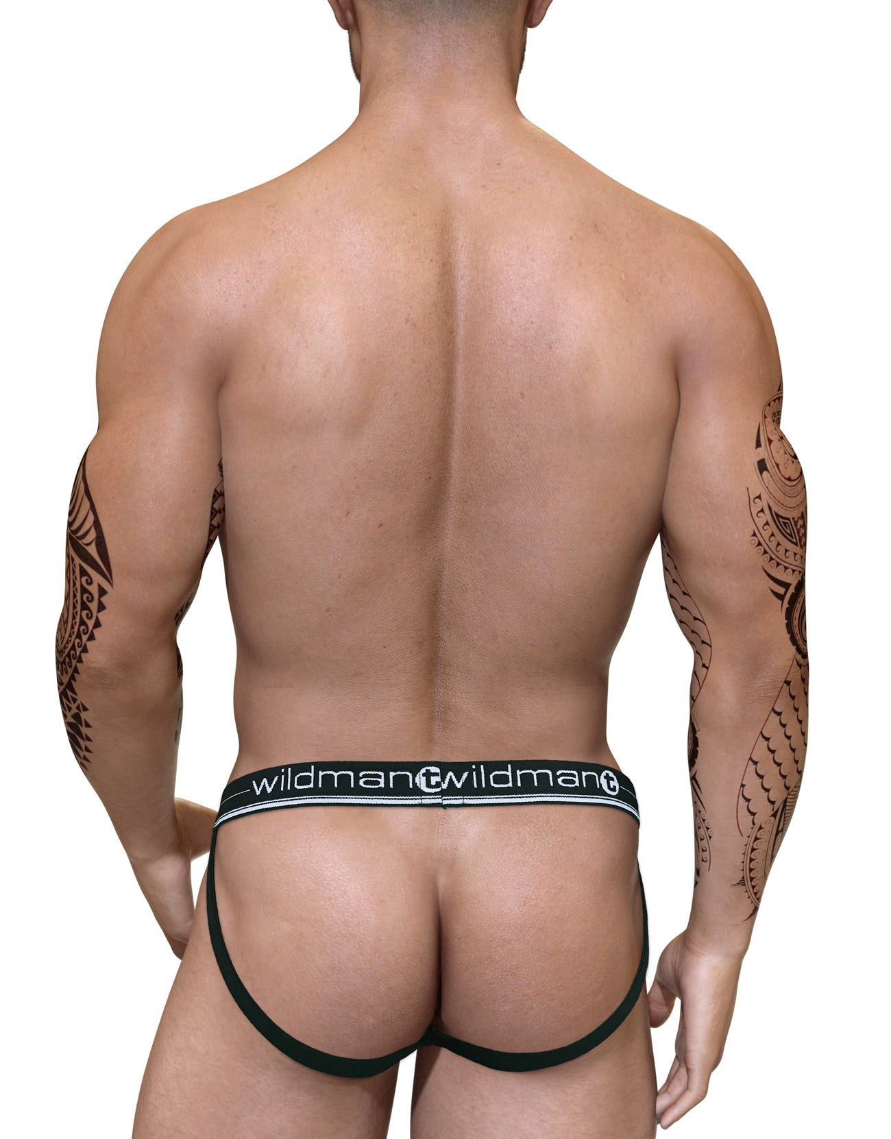 Back view of a muscular man wearing a black Duo Big Boy jockstrap with a branded white elastic waistband.