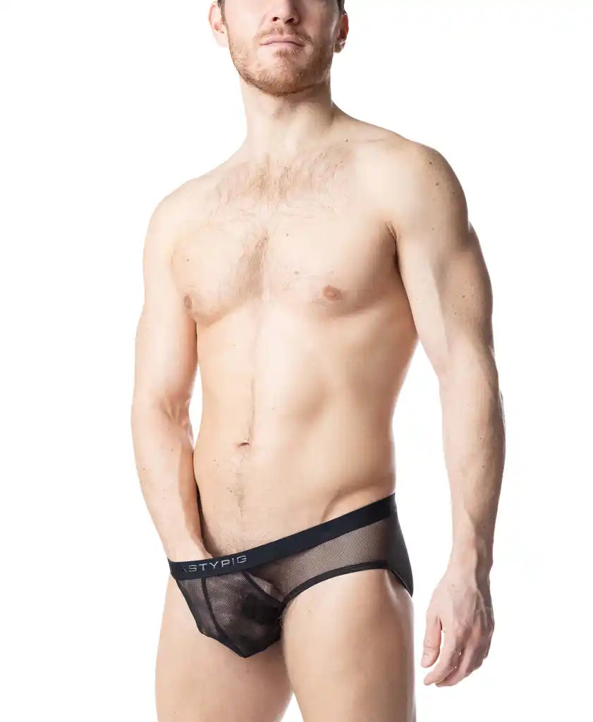 Black mesh blur bikini brief with solid black waistband featuring the stypig logo for comfortable everyday wear
