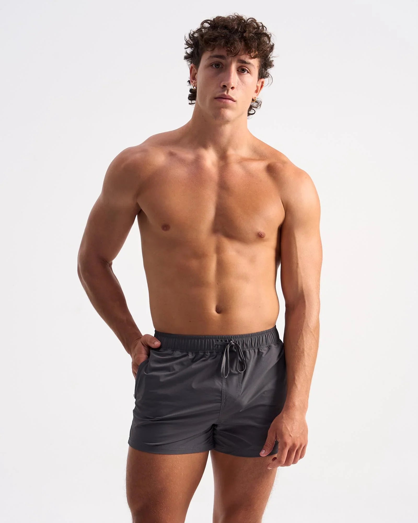 Dark gray sleek bolt 3 short swim trunks with drawstring waistband designed for comfortable water activities