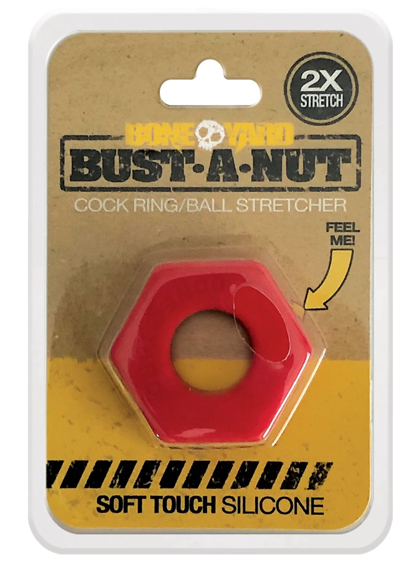 Bust a nut red hexagonal silicone cock ring with central hole in cardboard blister pack packaging