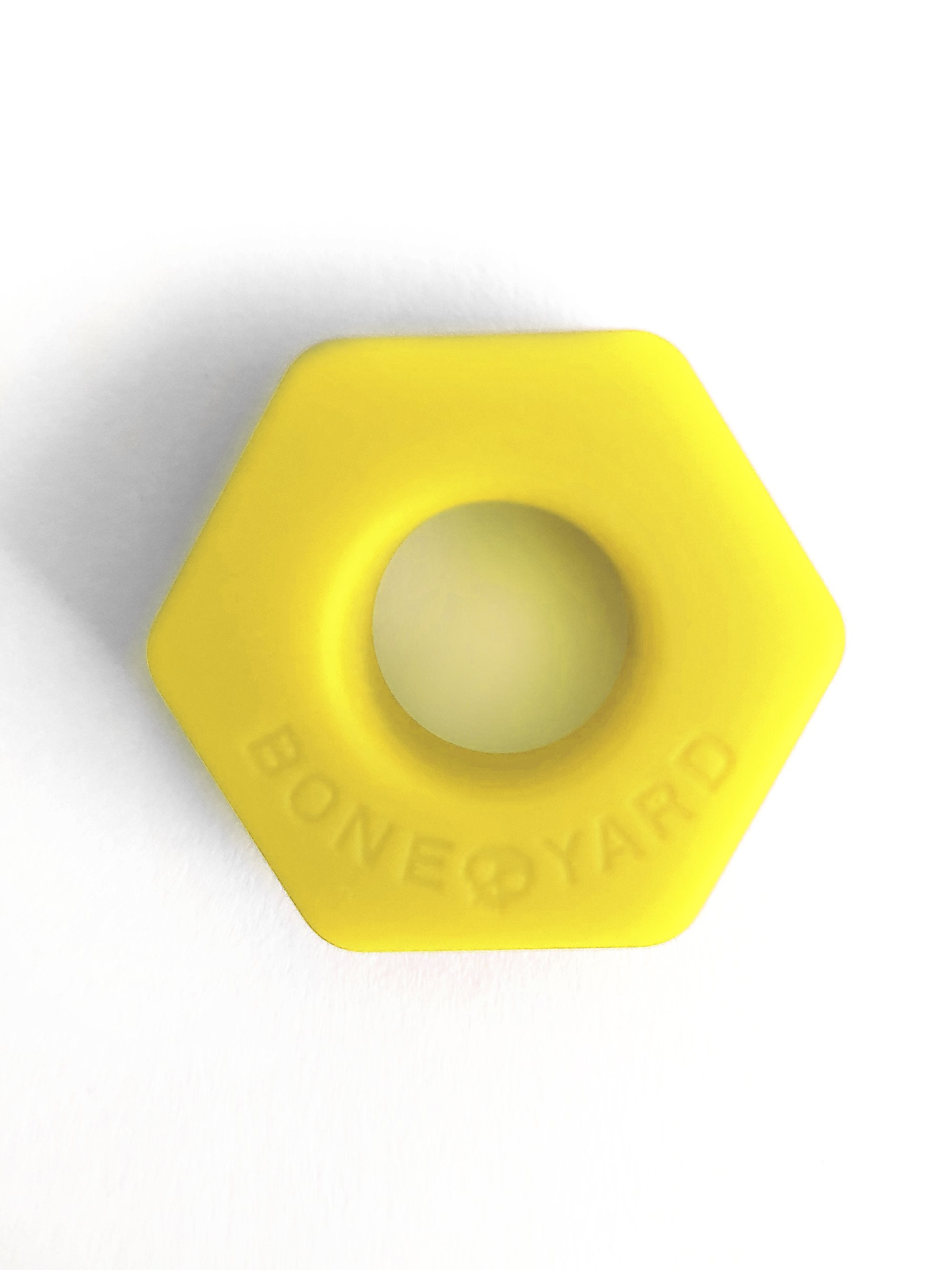 Bright yellow hexagonal silicone ring bust a nut with bone yard embossed on its surface