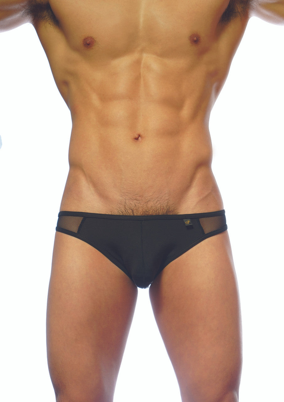 Black groovin underwear athletic v-cut briefs with sleek form-fitting design and mesh trim in front view
