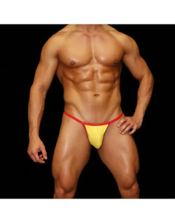 Light yellow bikini underwear with red waistband shown on a model made by Arroyman featuring a snug fit.