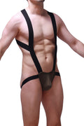 Black suspenders-style men’s underwear with a padded contoured pouch in olive designed for support and comfort