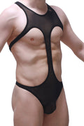 Bodythong gracay net black black sheer mesh one-piece swimsuit with bold cutouts and reinforced black trim front view