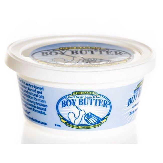 White plastic container of boy butter h20 based personal lubricant with blue and yellow label design