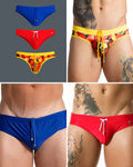 Trio of men's swim briefs in blue, red, and tropical print, featuring elastic waistbands and drawstring cords.