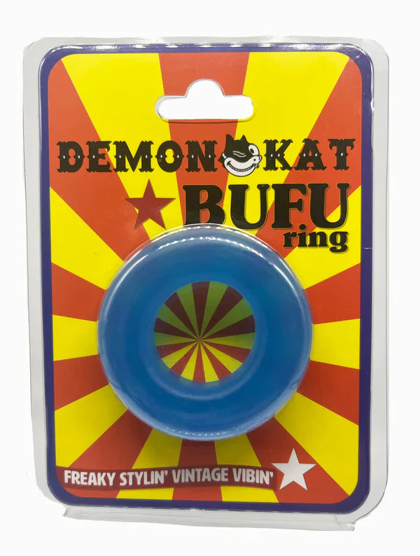 Blue plastic Bufu ring with colorful radial pattern on vibrant red and yellow cardboard backing packaging