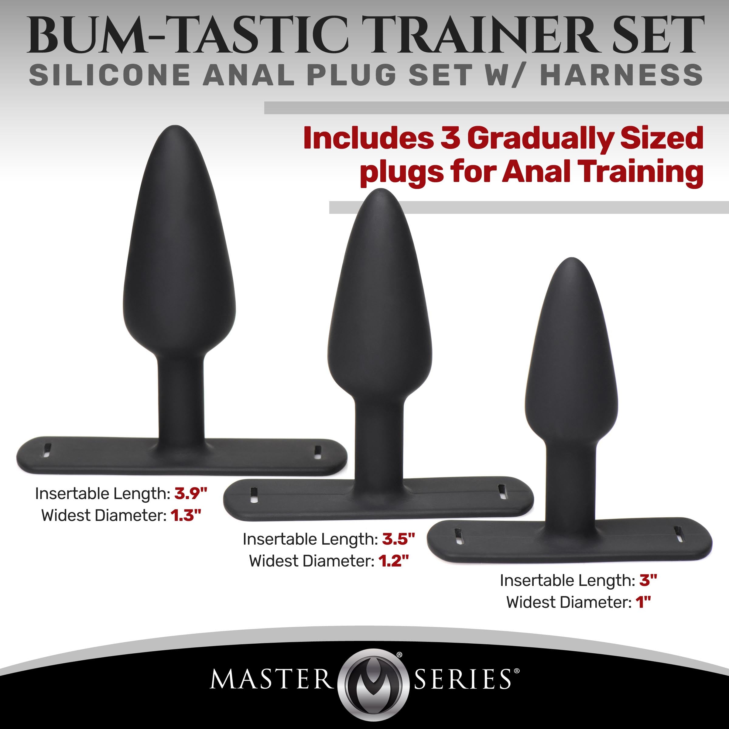 Juego de tapones anales de silicona Bum-Tastic Trainer de 3 piezas con arnés