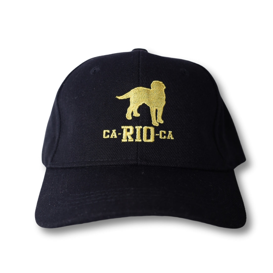 Black baseball cap with gold embroidered ca-rio-ca logo and dog silhouette on front for casual wear