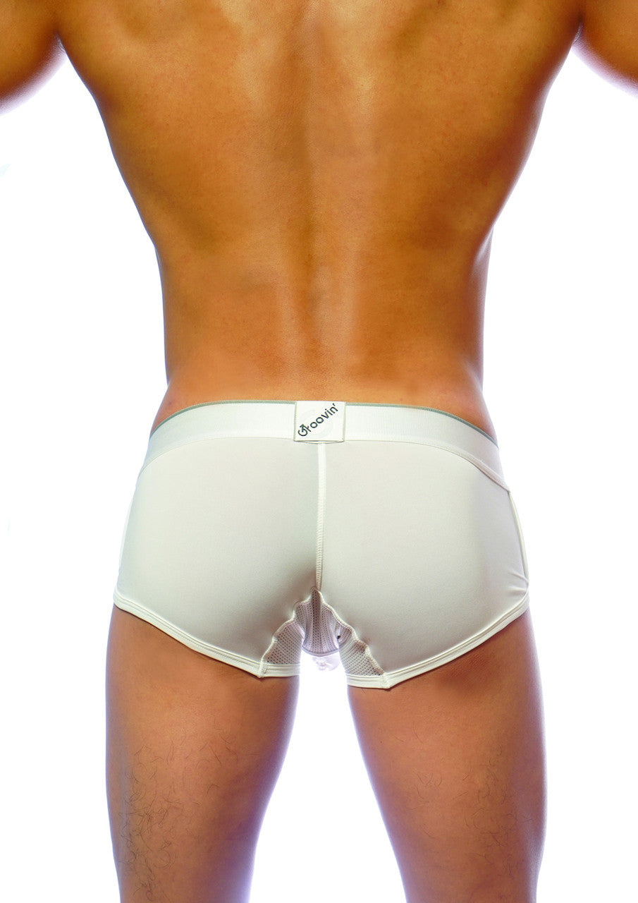 Cream-colored groovin underwear ventilated cup boxer white cb1601 showing the back with mesh panel and elastic waistband
