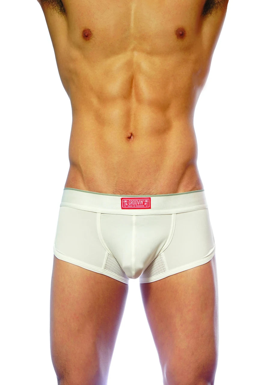 White men’s briefs groovin underwear ventilated cup boxer with red label and mesh paneling in white color