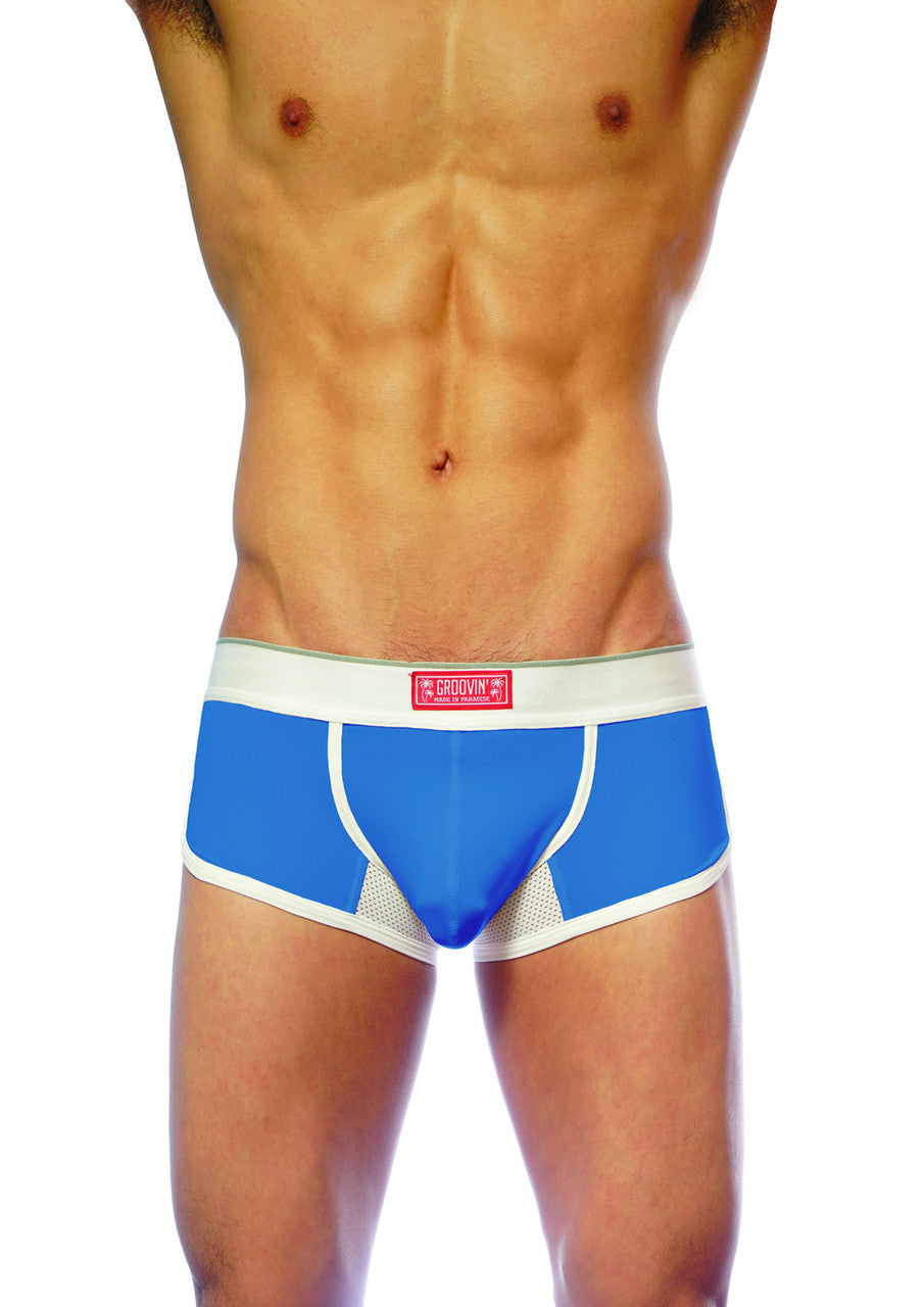 Blue and white groovin underwear ventilated cup boxer with mesh panels designed for athletic support and ventilation