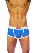 Blue and white groovin underwear ventilated cup boxer with mesh panels designed for athletic support and ventilation