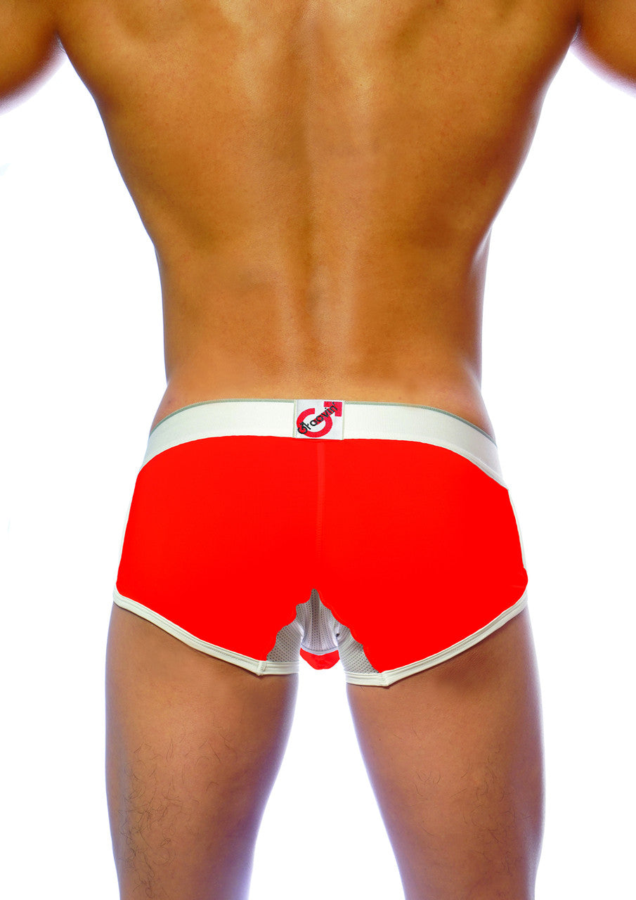 Red men’s groovin underwear ventilated cup boxer briefs with mesh back panel white trim and waistband logo
