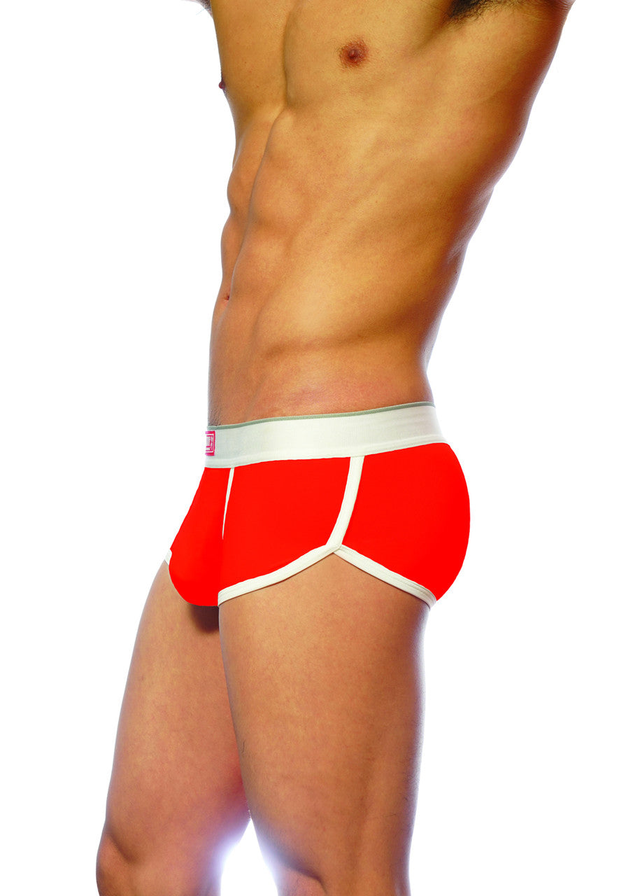 Red briefs with white trim and waistband from groovin underwear ventilated cup boxer for comfort and support