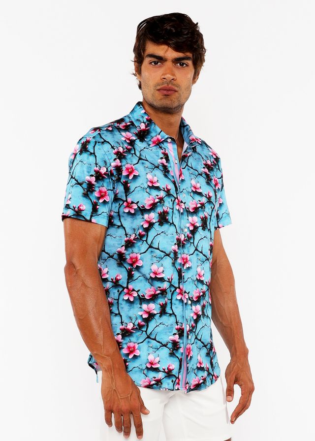 A vibrant turquoise cherry blossoms 3d print stretch knit short-sleeved button-up shirt with pink floral pattern