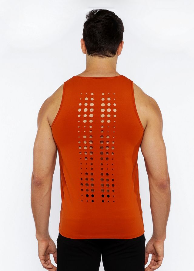 Orange sleeveless stretch jersey tank with vertical laser cut perforated dot pattern on the back