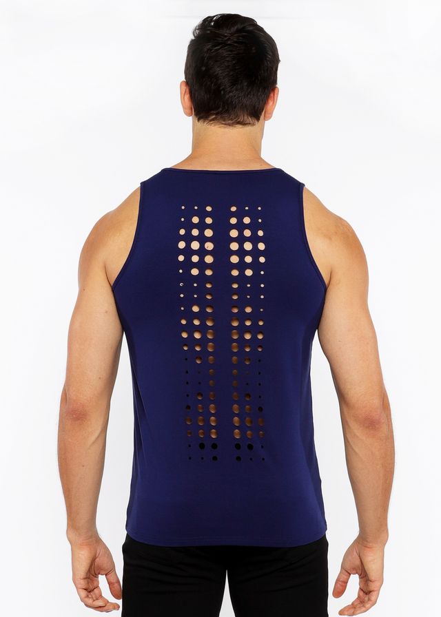 Navy blue sleeveless stretch jersey tank with circular laser cut pattern down the back for a stylish breathable look