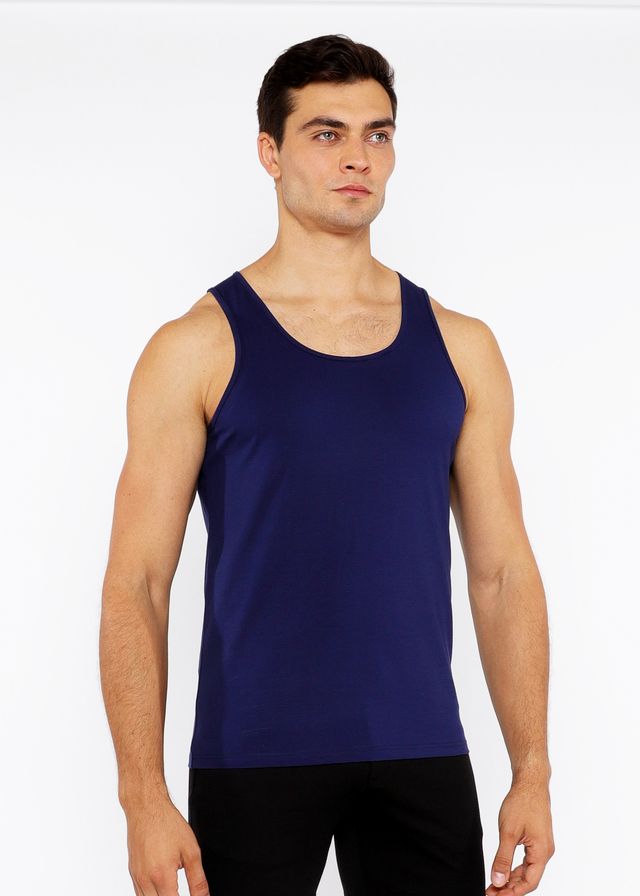 Navy blue sleeveless circle spine laser cut stretch jersey tank top front view for casual and active wear