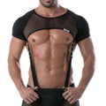 Black mesh short sleeve top with suspenders and branded label on the chest circuit mesh full harness product