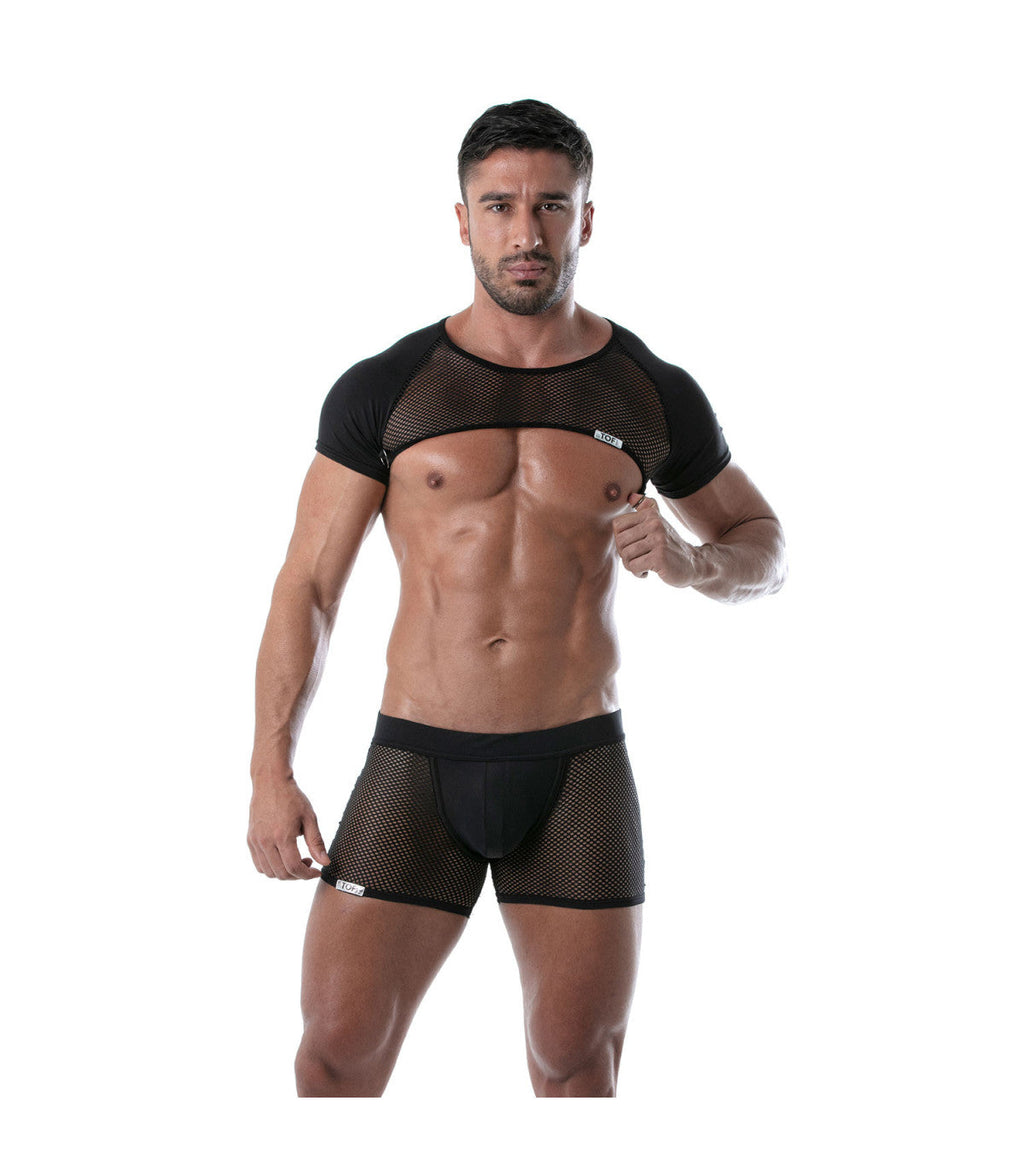 Black mesh top and shorts set with short sleeves cut-out chest and solid black trim called circuit mesh full harness