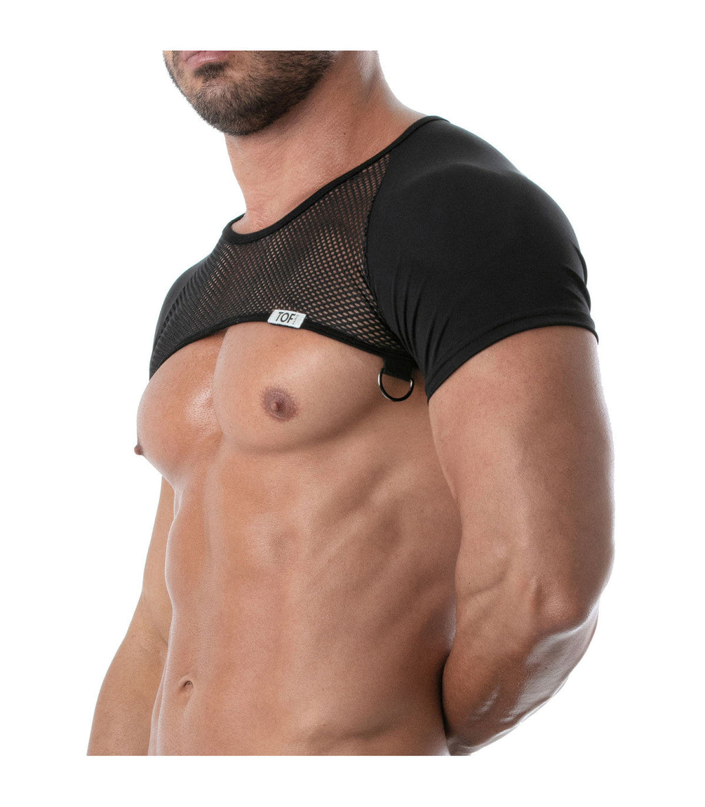 Black mesh shoulder support with short sleeves and branded label featured in the Circuit Mesh Full Harness product